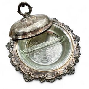 French Country Style Silverplate Covered Dish Divided Glasbake Insert Serveware
